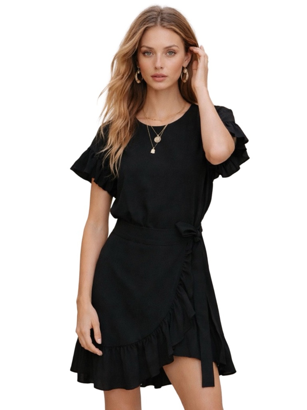Aritzia Wilfred Ninette Black Ruffle Wrap Mini Dress Size Small